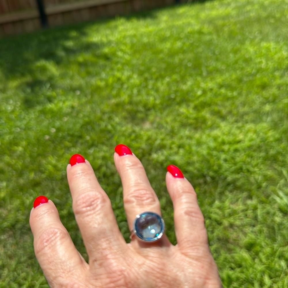 Touchstone Crystal Aquamarine Ignite Crystal Ring Size 6 Rhodium Plated, EUC